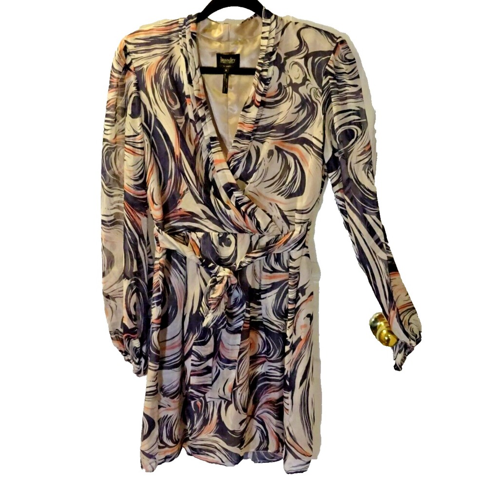 Laundry by Shelli Segal Size 8 Silk Belted Faux Wrap Dress | Long Sleeve Excelle